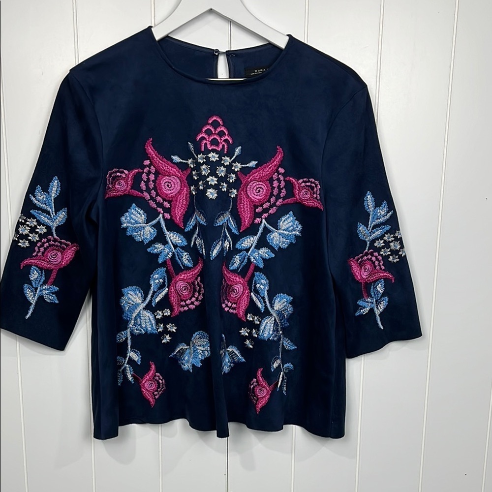 Zara Womens Top S Navy Pink Pullover Faux Suede Floral Embroidery 3/4 Sleeves